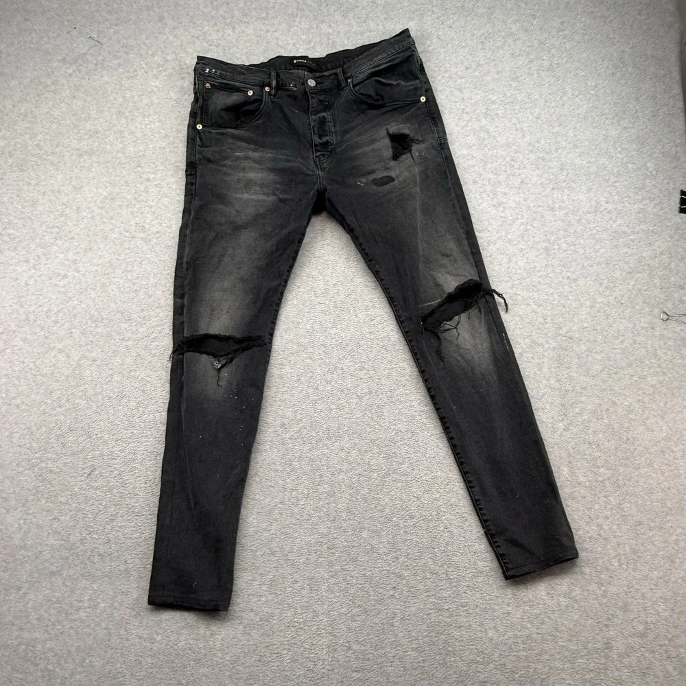 Purple Brand Mens 38 x 32 80080 Destroyed Distressed Slim Jeans Black Rare p002